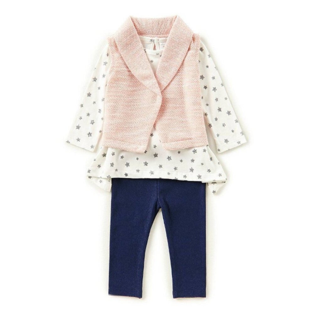 Starting Out 3PC Pink Glitter Vest, White Star Shirt, Mock Denim Leggings, NWT!!